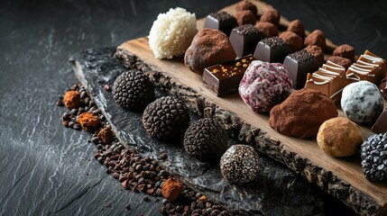 Assorted truffles displayed on a rustic wooden board, each variety distinguished by its unique shape and color. The dark background enhances the mystique and elegance of these coveted culinary gems