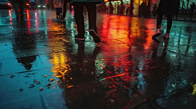 A high-angle view of city streets during a rainy night, with pedestrians' shoe treads creating captivating reflections on wet pavement. The image combines the grit of urban life