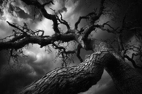 Capturing the twisted branches of a gnarled tree against a stormy sky. The ominous atmosphere conveys a sense of abhorrence, with the stark lighting emphasizing the tree's contorted form.