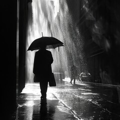 Silhouette of a person with an open umbrella, standing under a sudden downpour, selling umbrellas to passersby. Black and white.
