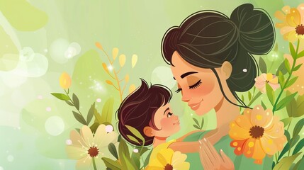 Illustration of mother with her little child, flower in the background. Concept of mothers day