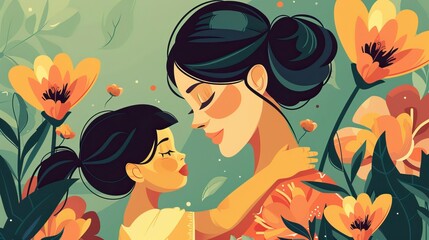 Illustration of mother with her little child, flower in the background. Concept of mothers day