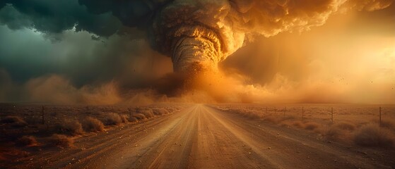 Desert Fury: Tornado's Touch under Amber Skies. Concept Landscape Photography, Dramatic Weather, Nature's Wrath, Storm Chasing, Danger in the Desert - obrazy, fototapety, plakaty