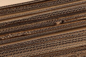 Sheets of brown corrugated cardboard as background, closeup