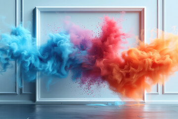 A white picture frame with blue, orange and red smoke inside it. The colors of the smoke are orange, pink and turquoise. Created with Ai 