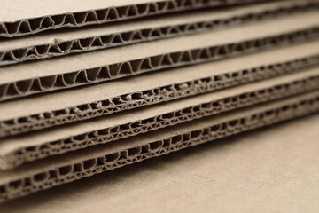 Sheets of brown corrugated cardboard, closeup view