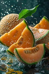 A cantaloupe cut into wedges with water splashing around it.