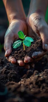 A close-up image of a person's hands holding a small plant. The plant is surrounded by rich, dark soil, and the person's hands are cupping it gently. The image is taken from a slightly elevated angle,