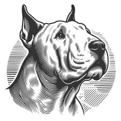 Dog Portrait Bull Terrier sketch engraving generative ai fictional character raster illustration. Scratch board imitation. Black and white image.
