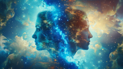 a couple of man and woman silhouettes in love, positioned against a cosmic background, symbolizing their interconnected human souls - obrazy, fototapety, plakaty
