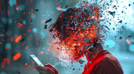 A person being attacked by negative comments flying out of a smartphone, illustrating the impact of social media backlash - obrazy, fototapety, plakaty