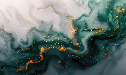Abstract fluid art, teal and gold marble swirls, white background. Created with Ai