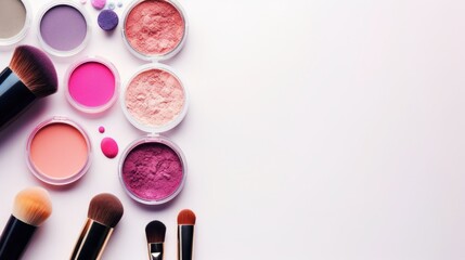 Variety of Cosmetics and Makeup Brushes on White Surface. Generative AI