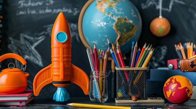 Back to school theme with a rocket and school supplies on the table