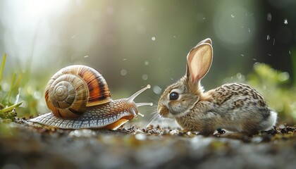 A race between a snail with a company logo and a rabbit with Innovation written on it, illustrating the lag in innovation - obrazy, fototapety, plakaty
