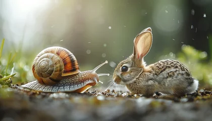 Fotobehang A race between a snail with a company logo and a rabbit with Innovation written on it, illustrating the lag in innovation © Nattanon