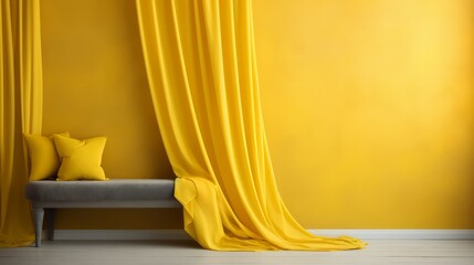 Yellow Room With Bench and Curtains. Generative AI