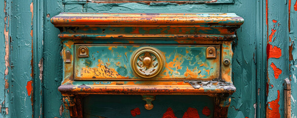 Vintage Teal Mailbox with Rustic Orange Accents on Textured Wall
