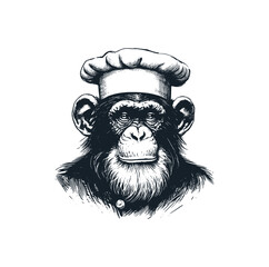 A Chimpanzee with chef cap. Black white vector illustration.	