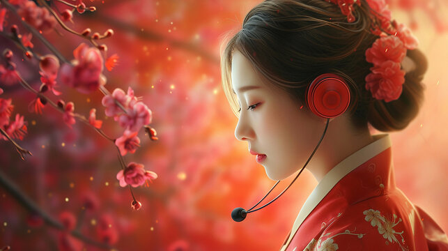 Beautiful asian or japanese woman listening to music with headphones and a calm face expression 
