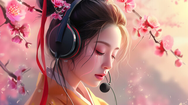 Beautiful asian or japanese woman listening to music with headphones and a calm face expression 