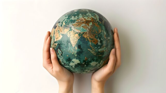 Hands gently holding a globe against a neutral background. Earth care concept. Simple, clean and inspirational image for diverse needs. Perfect for conservation themes. AI