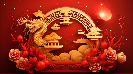 Vector illustration of a golden Chinese dragon. Tattoo of asian dragon on red background in asian style. Chinese new year 2024.
