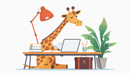 A giraffe sit at a desk reading and writing in a notebook