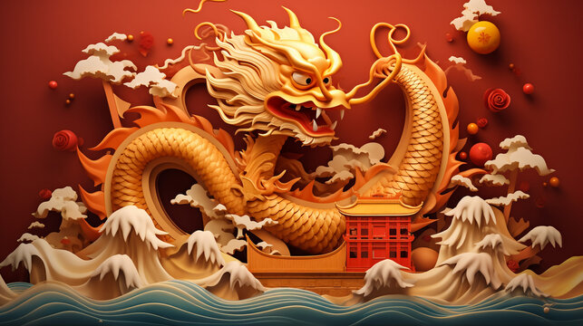 Vector illustration of a golden Chinese dragon. Tattoo of asian dragon on red background in asian style. Chinese new year 2024.
