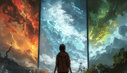 boy standing in front of three different colored sky portals
