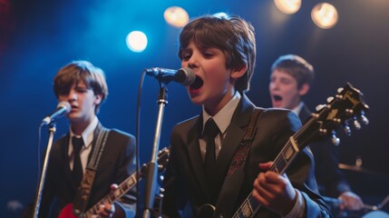 A trio of young boys passionately perform music on stage, with the lead singer in focus, microphone in hand.
