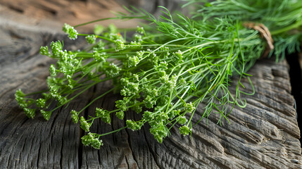 Fresh curly parsley and dill on rustic wooden surface with natural light

 - Powered by Adobe