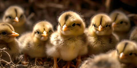 Small group of newly hatched chicks on the farm. The beginning of a life. - obrazy, fototapety, plakaty
