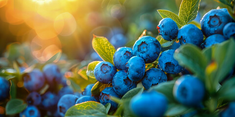 Sunlit Fresh Blueberries on the Bush in Summer
