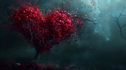 red heart shape tree , generative ai - obrazy, fototapety, plakaty