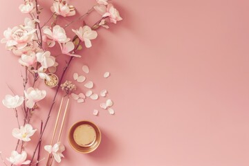 Delicate pink cherry blossoms on a pink background with gold accents. - obrazy, fototapety, plakaty