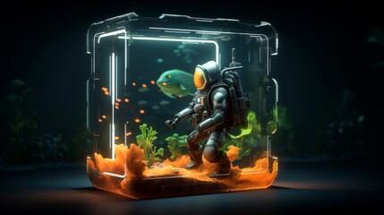 Diver with fish underwater in a glass block against dark background. Diver inside aquarium with fish