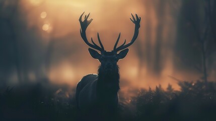 Abstract deer silhouette, forest background, close-up, low angle, ethereal morning mist - obrazy, fototapety, plakaty