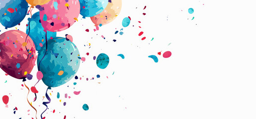Naklejka premium Acuarela con globos de colores y confeti sobre fondo blanco, concepto celebraciones, cumpleaños y aniversarios