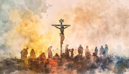 Pintura de acuarela representando la crucifixión de Jesucristo en el monte calvario, rodeado de personas, sobre fondo en tonos amarillos, blancos y grises