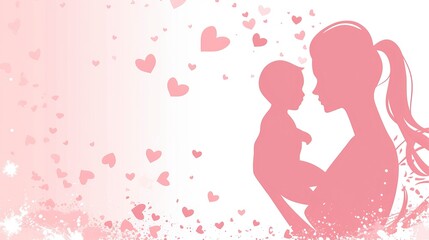 Mother's Day celebration card design with a mother silhouette holding a child and heart symbol. with the text 