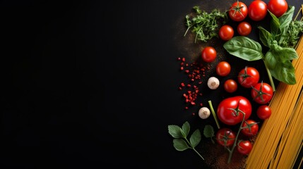 A black background with pasta, tomatoes and other ingredients with copy space. Pasta ingredients