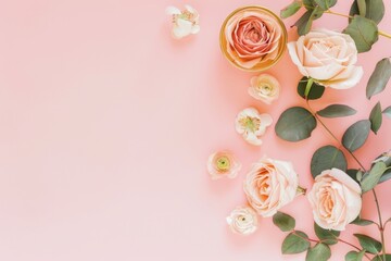 Pink roses and eucalyptus leaves on a pink background.