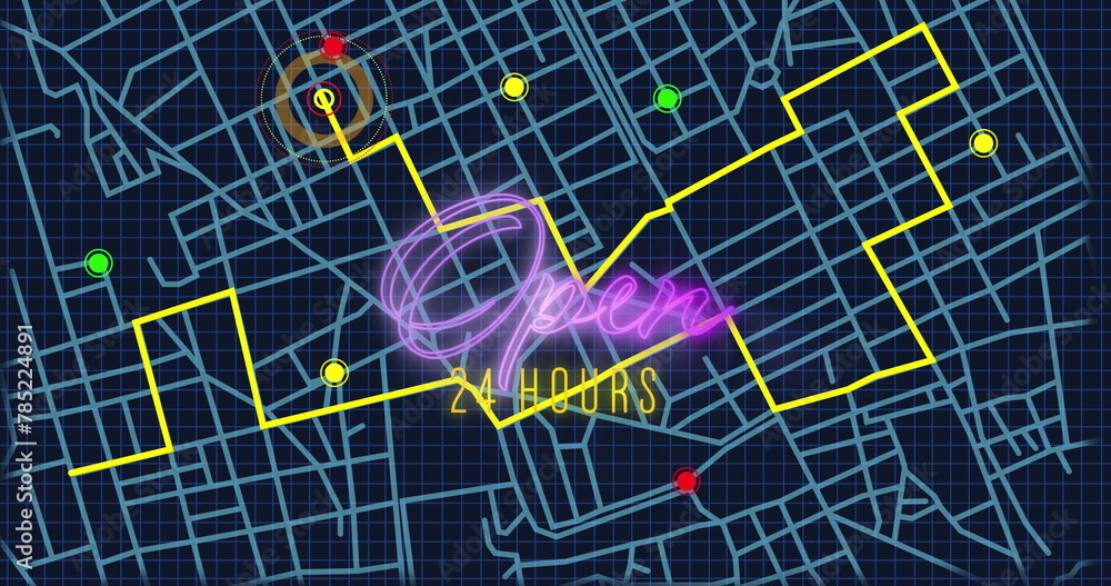 Poster image of neon purple open 24 hours text banner over gps navigation map on blue background