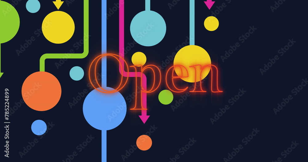 Poster image of neon red open text banner over colorful network of connections on black background