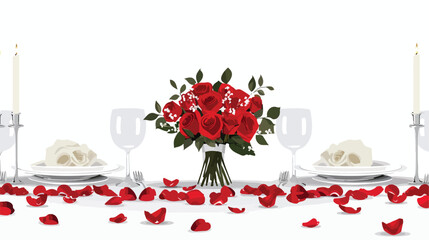 A table set for a wedding with a bouquet and rose petal