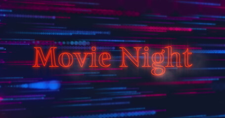 Image of neon orange movie night text banner over colorful light trails on black background