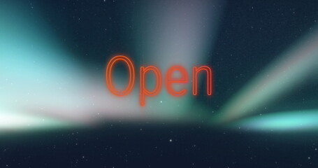 Image of neon orange open text banner against glowing light spot against blue background
