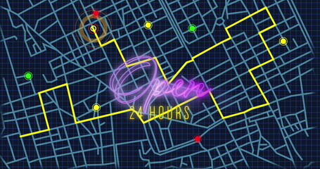 Image of neon purple open 24 hours text banner over gps navigation map on blue background