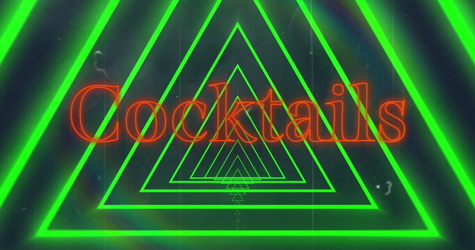 Image of neon orange cocktail text banner over triangular tunnel in seamless pattern